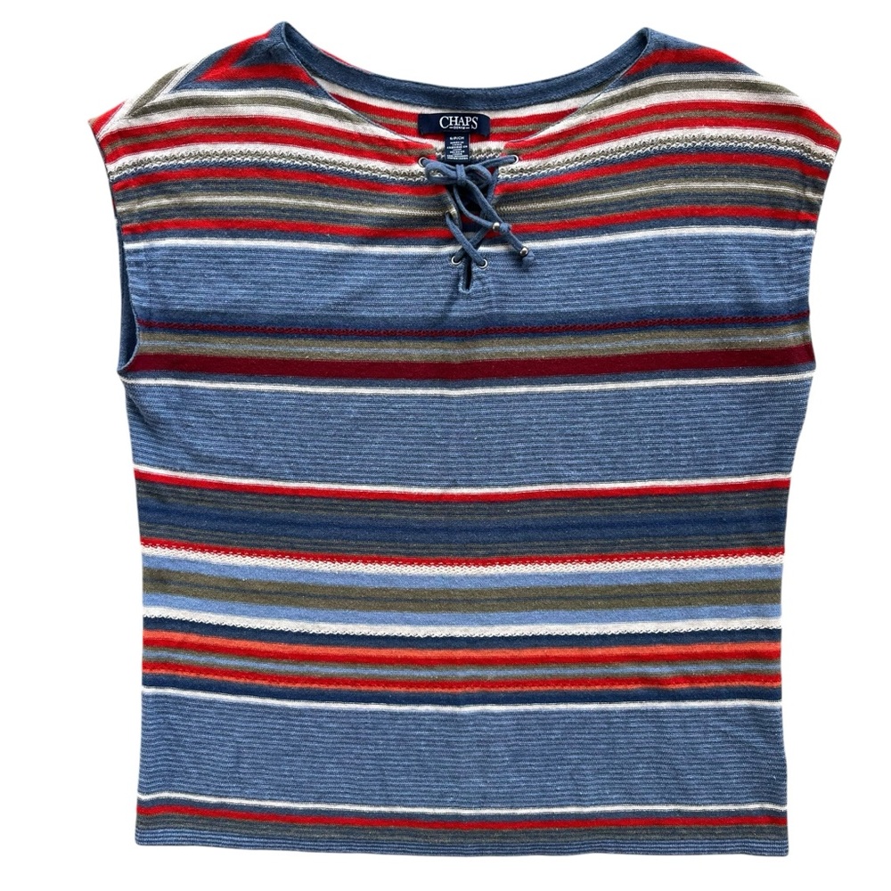 Chaps Denim Women S Blue Red Stripe Lace Up Detail Cap Sleeve Linen Blend Blouse